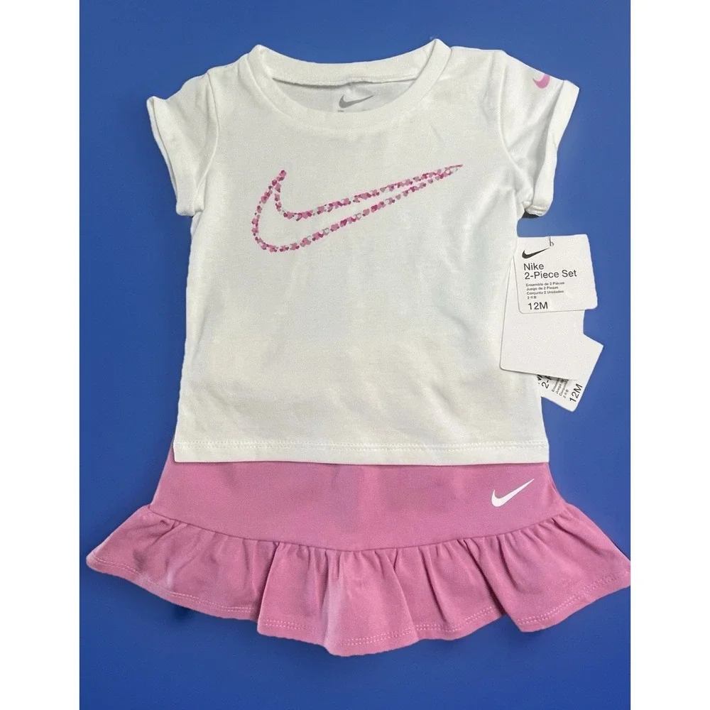 NEW Nike Baby Girl 2 Piece Top & Shorts Set White Pink DRI-FIT 12 months 12m NWT